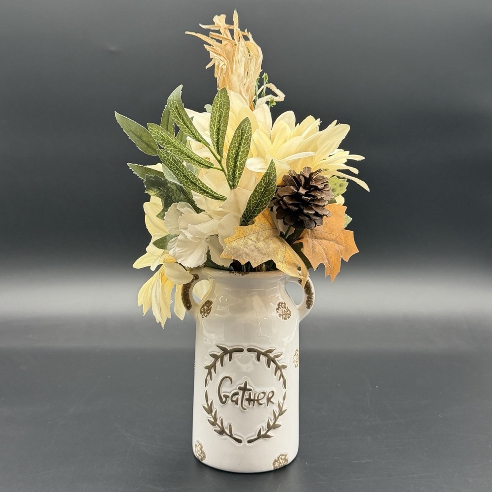 Fall Ceramic Milk Jug Vase Gather Wreath Farmhouse Floral Centerpiece Decor
